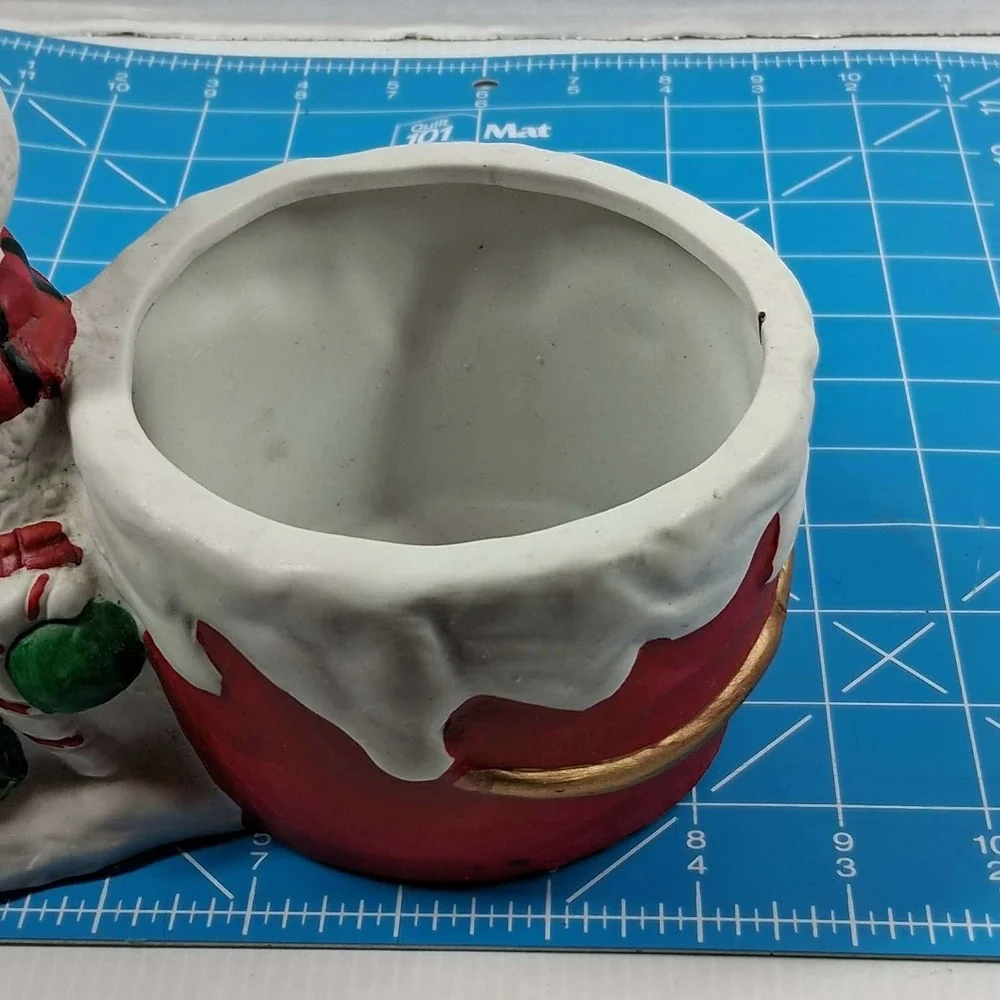 Vintage Style Ceramic Snowman Planter Christmas Holiday Candy Dish Red Bucket